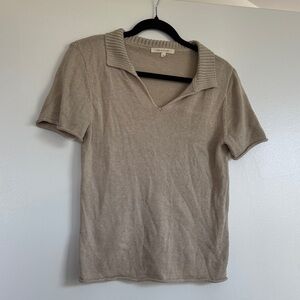 Neutral Tan Short Sleeve Polo Knit Top